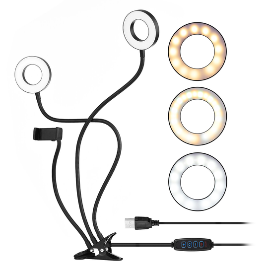 S2 dubbla ringljus fyller lampor 3 färger Justerbar ljusstyrka USB-strömförsörjning Live Selfie-lampor med telefonhållar