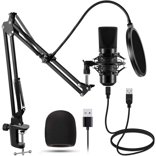 USB 48KHZ/192KHZ Kondensatormikrofon Kardioidmönster HiFi-brusreducerande mikrofon med stabilt stativ