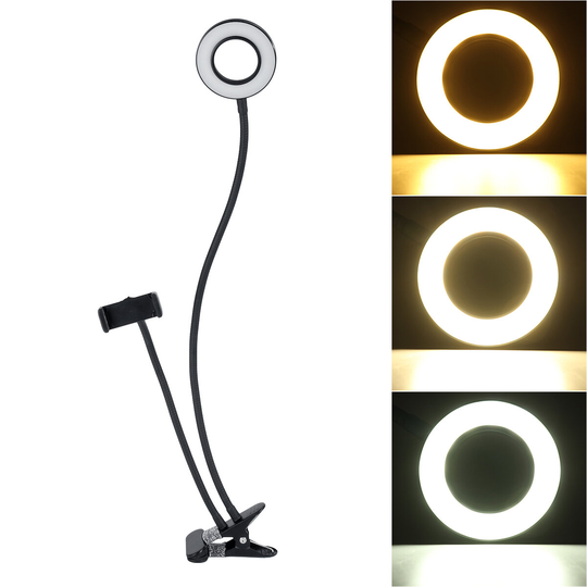BG12W 2 i 1 Flexibelt kontrollerbart USB-gränssnitt 9 cm 12W LED Selfie-ringlampa + Desktop Telefonhållare Clip Photogra