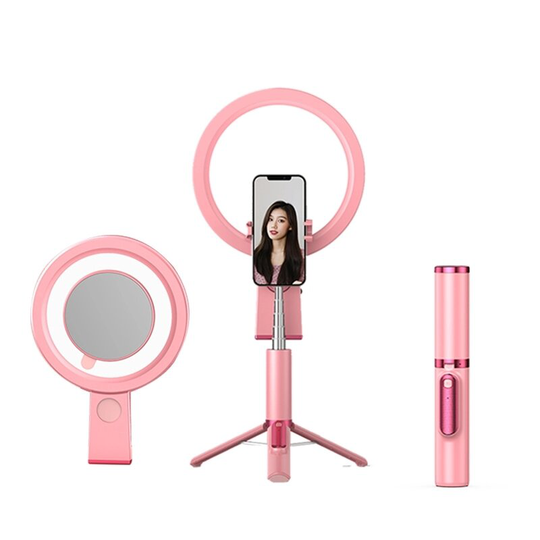 Bakeey 360 Rotation Live-videoinspelning med LED-spegelfyllningsljus Förlängbar Bluetooth-fjärrkontroll Selfie Stick