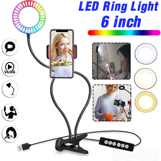 6 RGB LED-ringljusklämma Kamera Mobiltelefon Webbkamerahållare Live Stream
