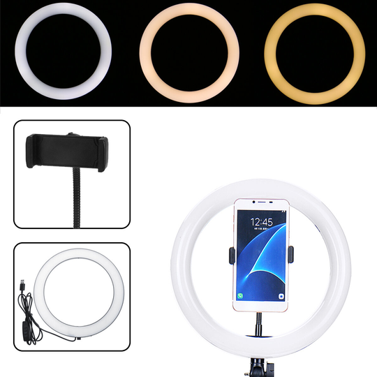 26 cm Bärbar Steglös Justerbar LED-ring Helt ljus Makeup Spegelljus Fotografi Belysning Selfie Ringlampa med telefonhåll